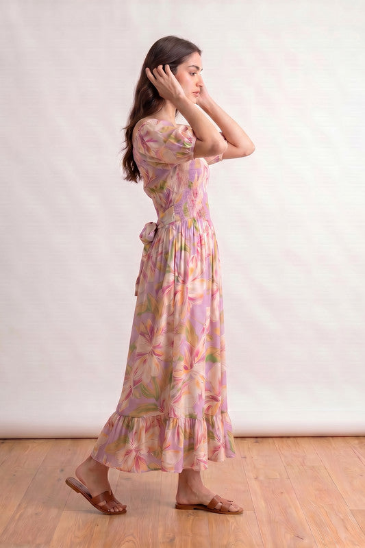 Purple Floral Tropical Bloom Smocked Printed Off-Shoulder Summer Russian Silk Dress