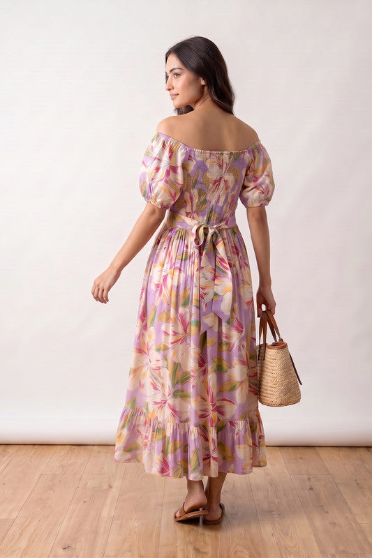 Purple Floral Tropical Bloom Smocked Printed Off-Shoulder Summer Russian Silk Dress
