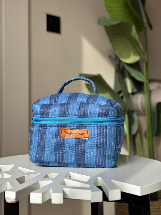 Quilted Vanity Bag- Light &amp; Dark Blue Strips