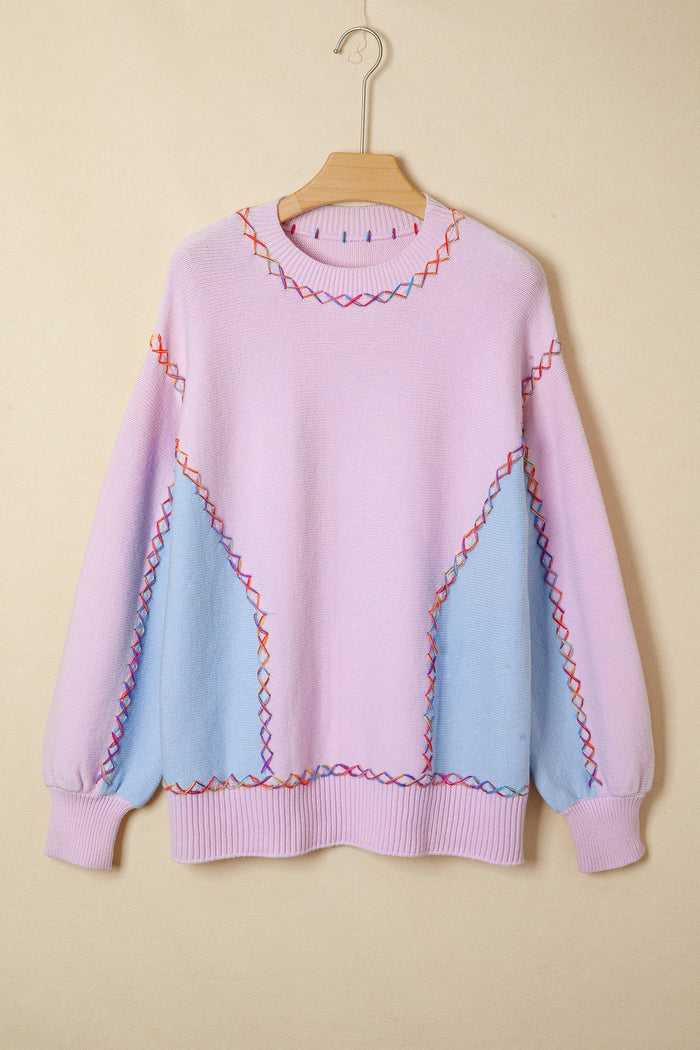 Rainbow Stitching Balloon Sleeve Relaxed Sweater - Sweaters & Cardigans/Sweaters