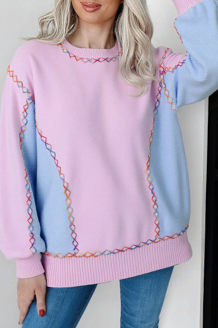 Rainbow Stitching Balloon Sleeve Relaxed Sweater - Pink / S - Sweaters & Cardigans/Sweaters