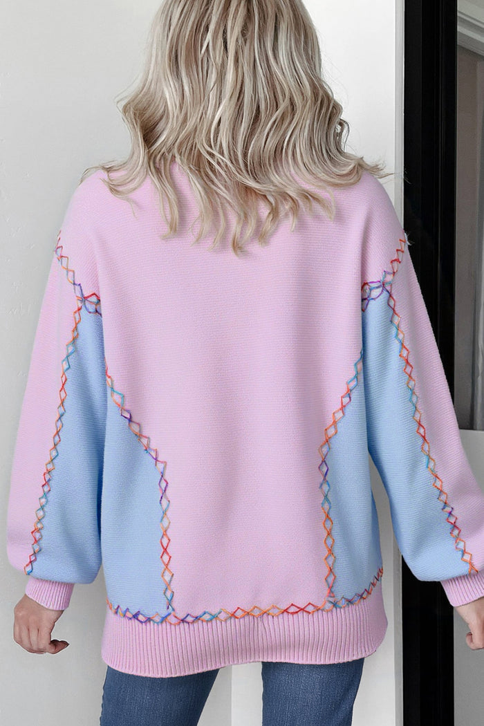 Rainbow Stitching Balloon Sleeve Relaxed Sweater - Sweaters & Cardigans/Sweaters