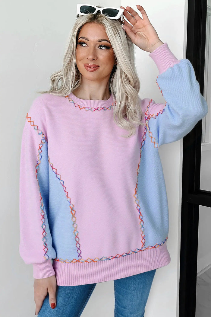 Rainbow Stitching Balloon Sleeve Relaxed Sweater - Sweaters & Cardigans/Sweaters