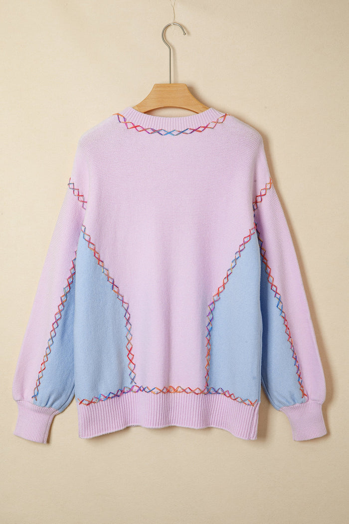 Rainbow Stitching Balloon Sleeve Relaxed Sweater - Sweaters & Cardigans/Sweaters