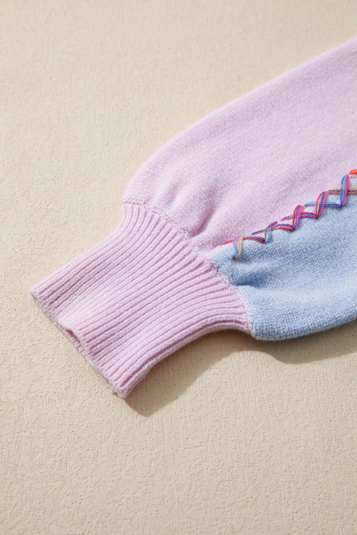 Rainbow Stitching Balloon Sleeve Relaxed Sweater - Sweaters & Cardigans/Sweaters