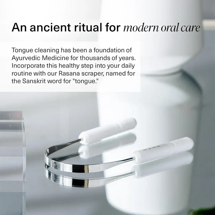 Rasana tongue scraper with text about Ayurvedic medicine and modern oral care.