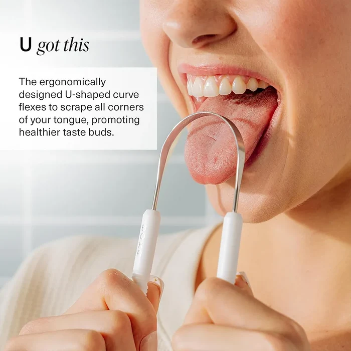 Person using a tongue scraper with text about its design and benefits.