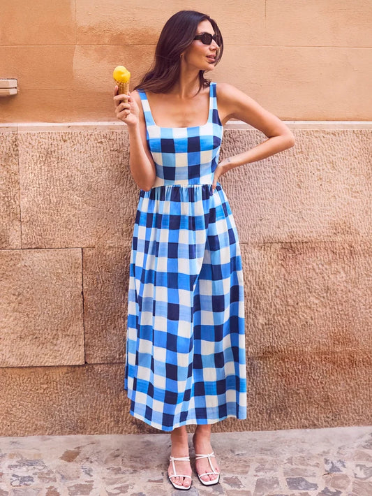 Raya Blue Check Square Neck Dress