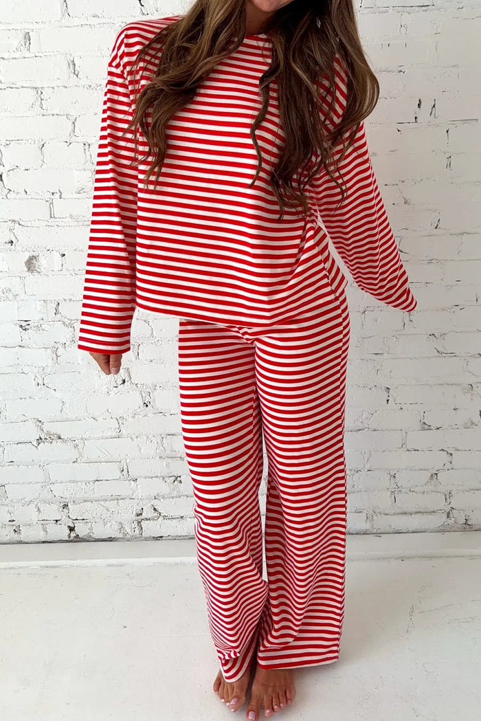 Red Stripe Drop Shoulder Long Sleeve Top Lounge Pants 2pcs Set - S - Loungewear & Sleepwear/Loungewear