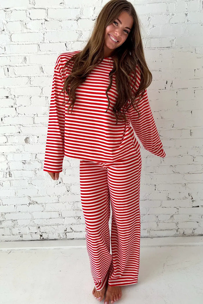 Red Stripe Drop Shoulder Long Sleeve Top Lounge Pants 2pcs Set - Loungewear & Sleepwear/Loungewear