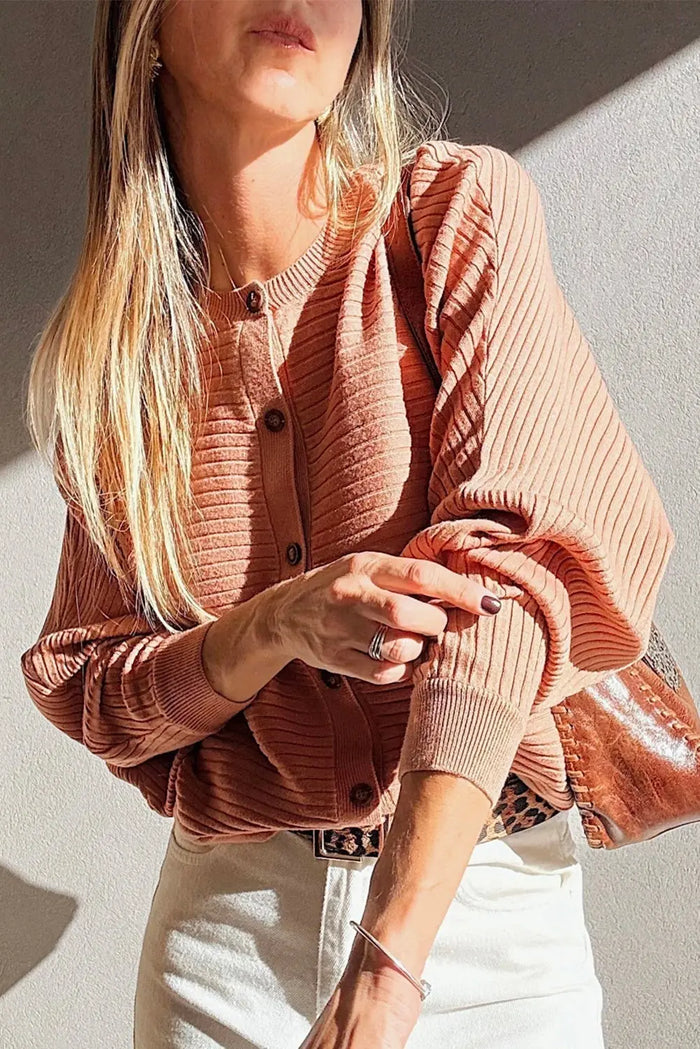 Rib Knit Button Front Dolman Sleeve Cardigan - Pink / L - Sweaters & Cardigans/Cardigans