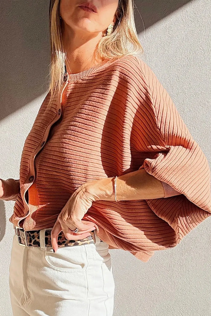Rib Knit Button Front Dolman Sleeve Cardigan - Sweaters & Cardigans/Cardigans