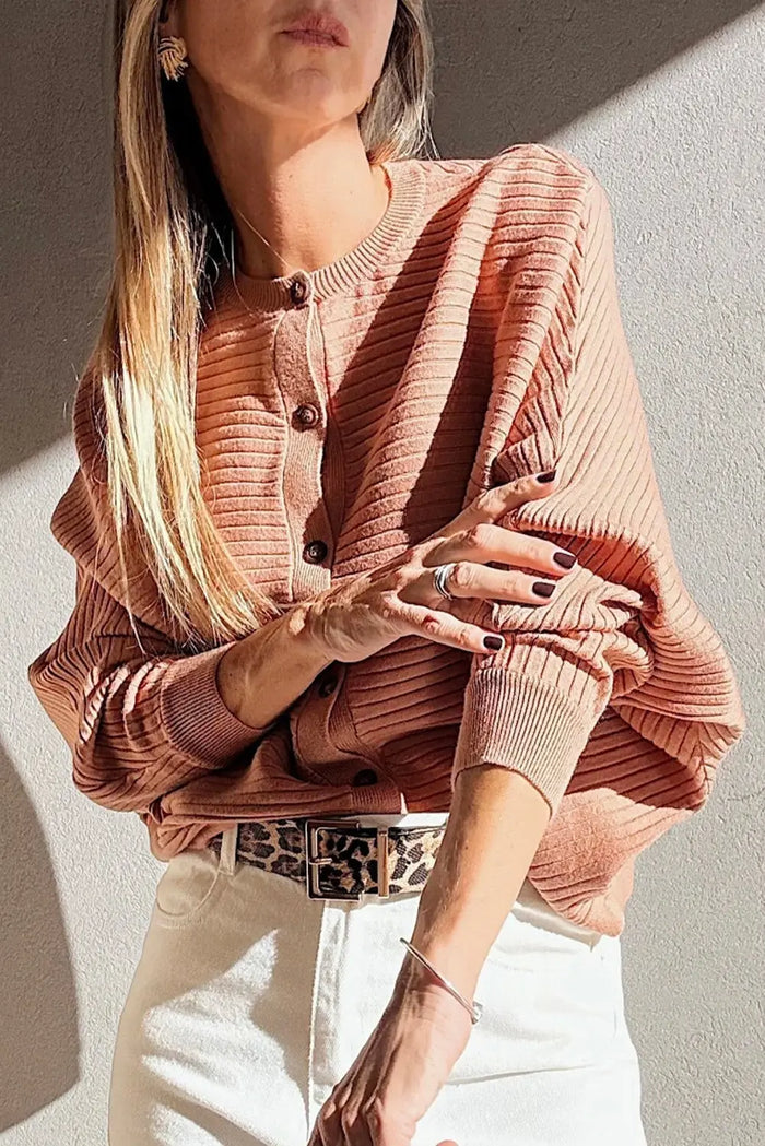 Rib Knit Button Front Dolman Sleeve Cardigan - Sweaters & Cardigans/Cardigans