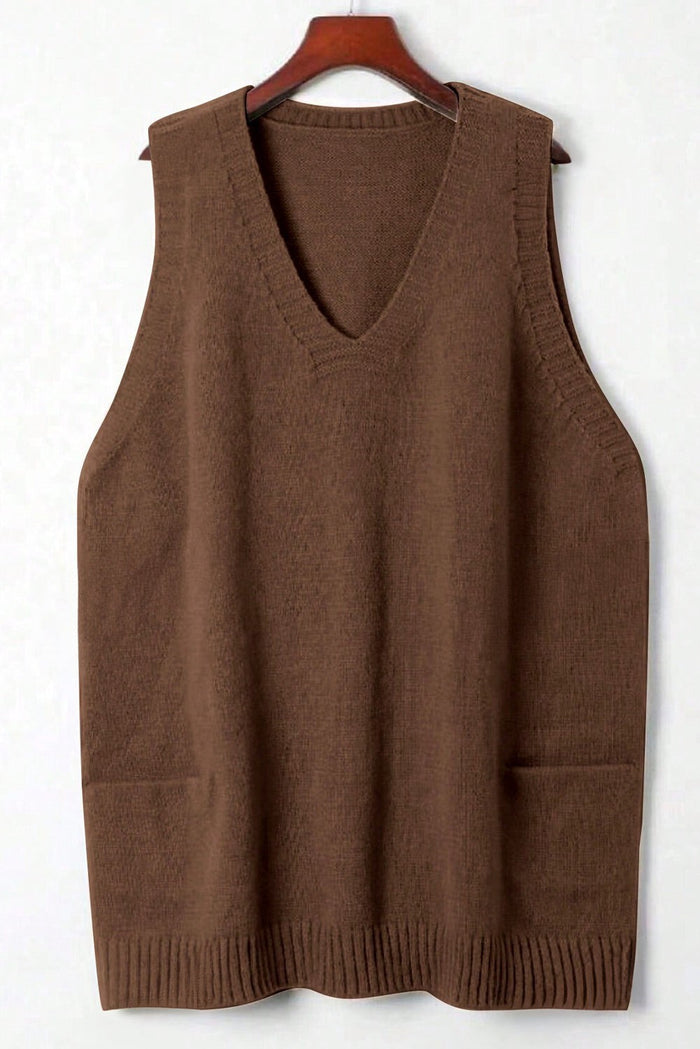 Rib Knit Deep V-Neckline Front Pocketed Baggy Tunic Sweater Vest - Sweaters & Cardigans/Sweaters