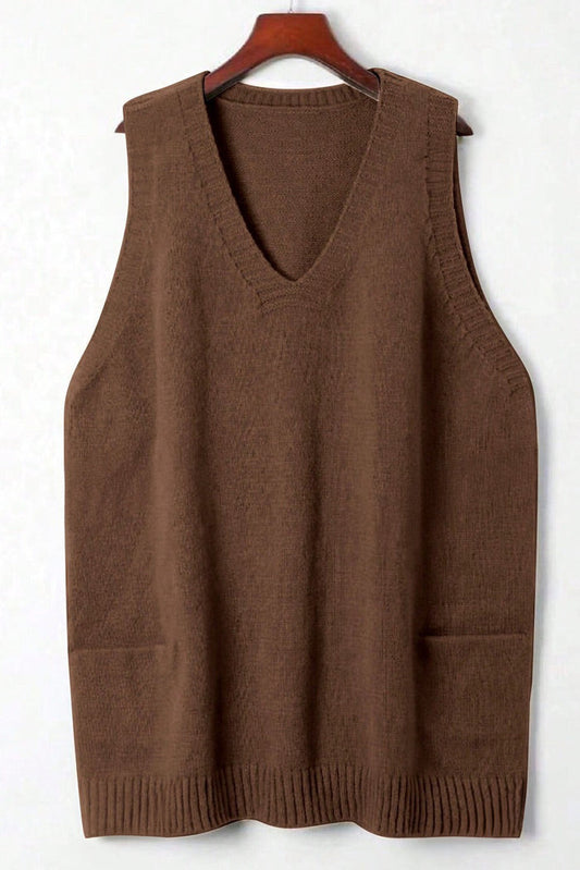Rib Knit Deep V-Neckline Front Pocketed Baggy Tunic Sweater Vest - Sweaters & Cardigans/Sweaters