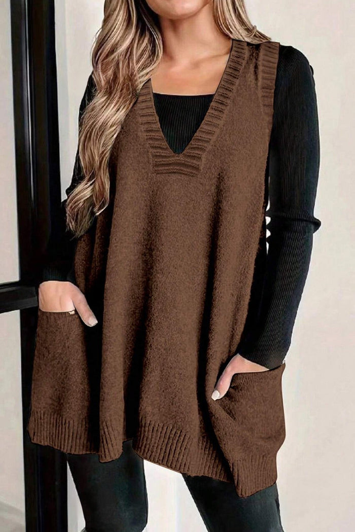 Rib Knit Deep V-Neckline Front Pocketed Baggy Tunic Sweater Vest - Brown / L - Sweaters & Cardigans/Sweaters
