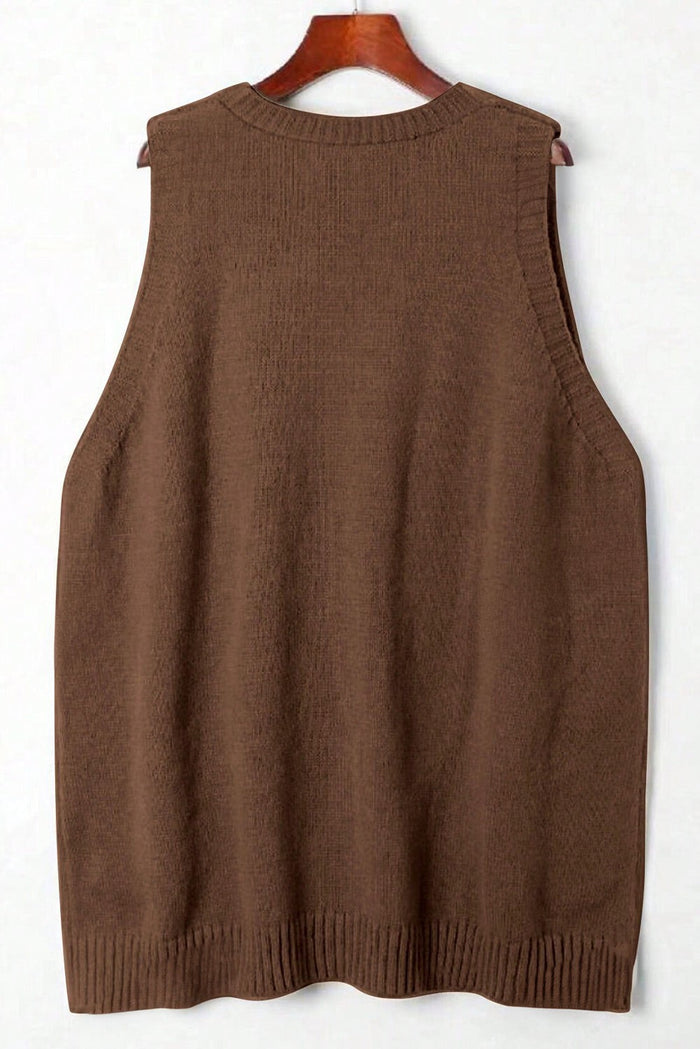 Rib Knit Deep V-Neckline Front Pocketed Baggy Tunic Sweater Vest - Sweaters & Cardigans/Sweaters