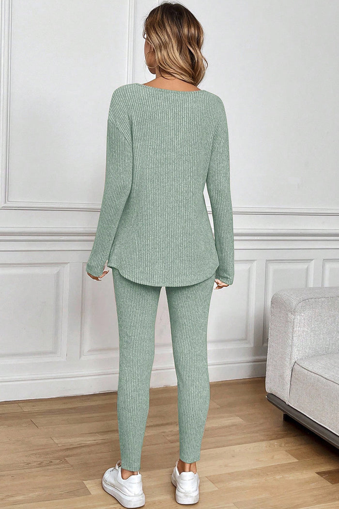 Rib Notched Neck Long Sleeve Leggings Two Piece Lounge Set - Loungewear & Sleepwear/Loungewear