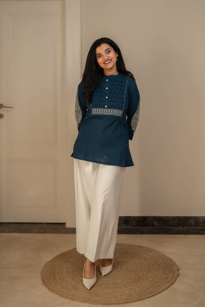 Rio Ruching Slub Cotton Top- Dark Teal