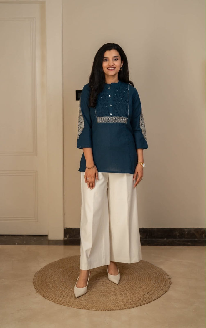 Rio Ruching Slub Cotton Top- Dark Teal
