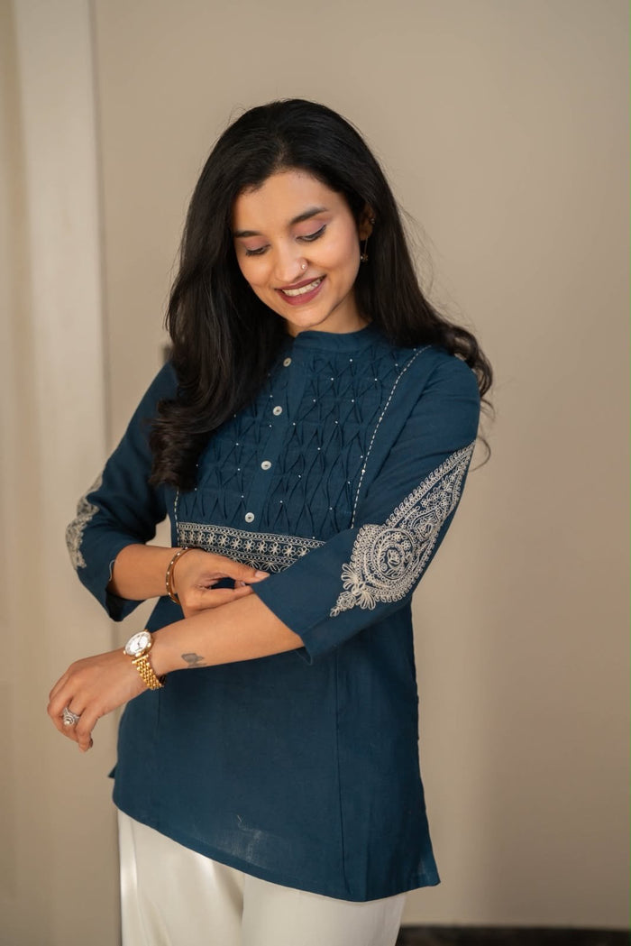 Rio Ruching Slub Cotton Top- Dark Teal