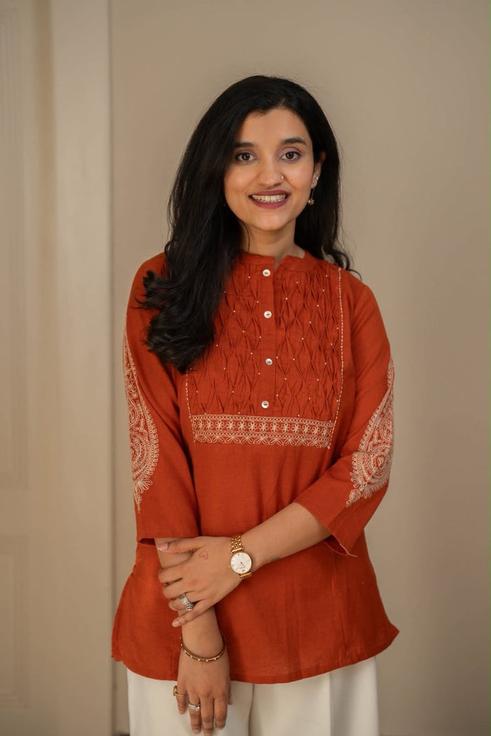 Rio Ruching Slub Cotton Top- Rust