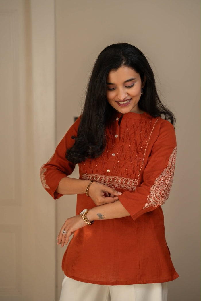 Rio Ruching Slub Cotton Top- Rust