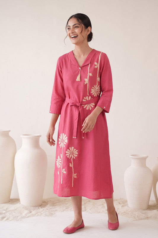 Rose Pink Cotton Flex Floral Embroidered  Dress