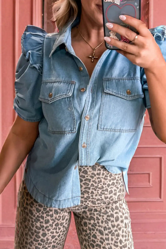 Ruffle Detail Short Puff Sleeve Denim Shirt - Blue / L - Tops/Blouses & Shirts