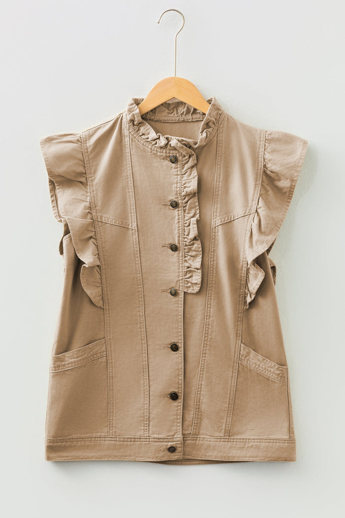 Ruffled Patchwork Denim Jacket Vest - Outerwear/Vests