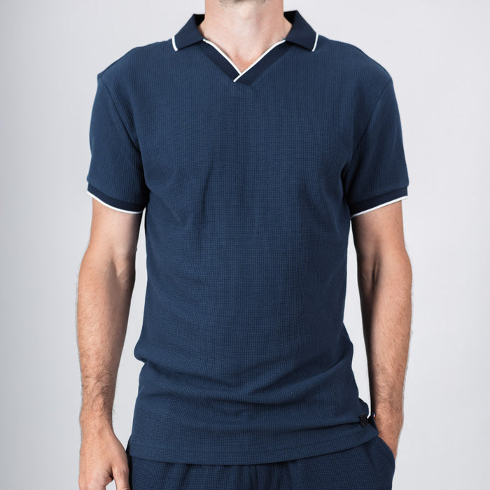 Saird Cotton Waffle Collar T-Shirt - Medieval Blue