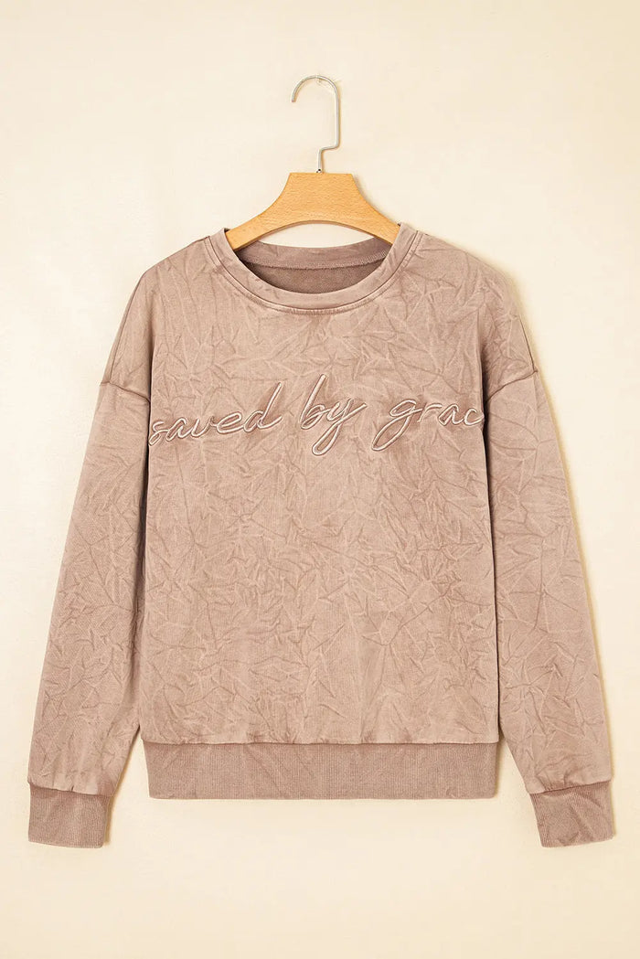 ’Saved By Grace’ Letter Embroidery Mineral Wash Loose Sweatshirt - Tops/Sweatshirts & Hoodies