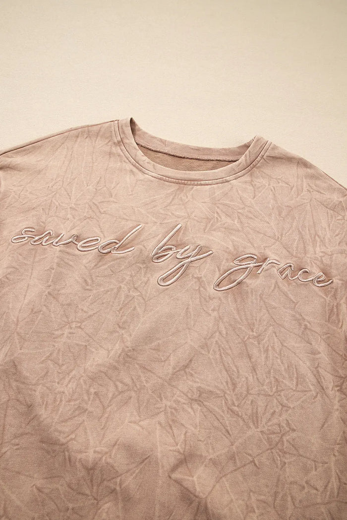 ’Saved By Grace’ Letter Embroidery Mineral Wash Loose Sweatshirt - Tops/Sweatshirts & Hoodies