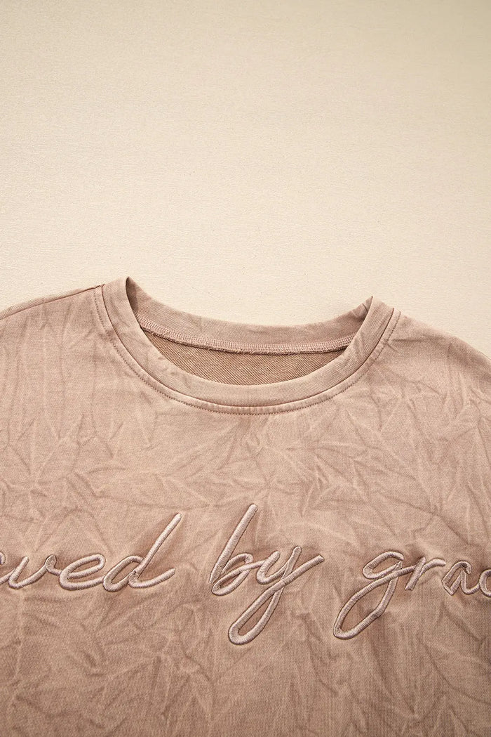 ’Saved By Grace’ Letter Embroidery Mineral Wash Loose Sweatshirt - Tops/Sweatshirts & Hoodies
