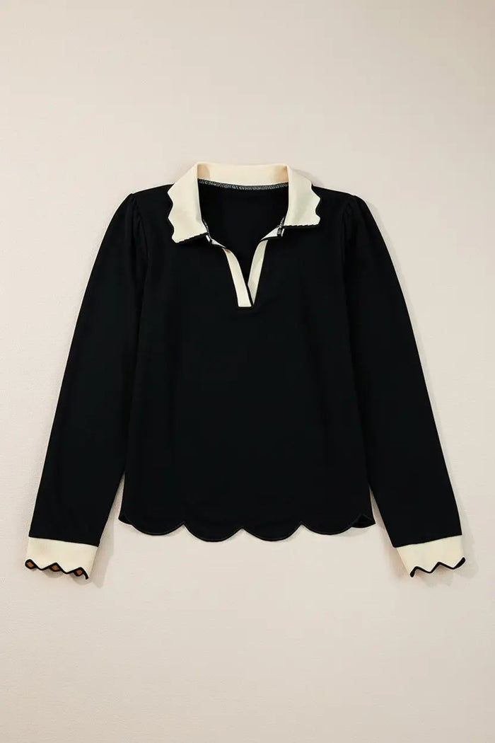 Scallop Trim Colour Block Long Sleeve Collared Top - Tops/Long Tops