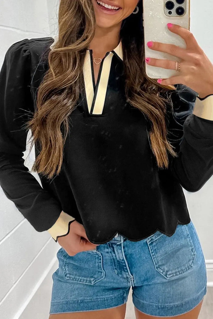 Scallop Trim Colour Block Long Sleeve Collared Top - Black / S - Tops/Long Tops