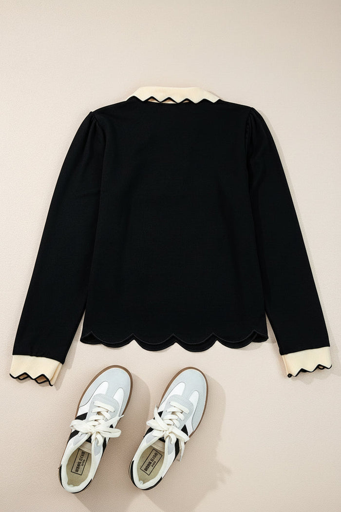 Scallop Trim Colour Block Long Sleeve Collared Top - Tops/Long Tops