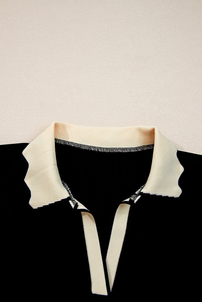 Scallop Trim Colour Block Long Sleeve Collared Top - Tops/Long Tops