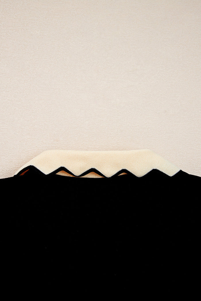 Scallop Trim Colour Block Long Sleeve Collared Top - Tops/Long Tops