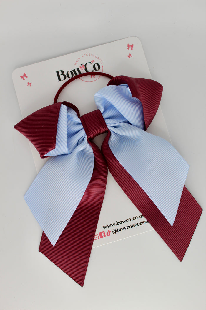 School Bow Burgundy and Bluebell - Loop Tail Bow - Elastic