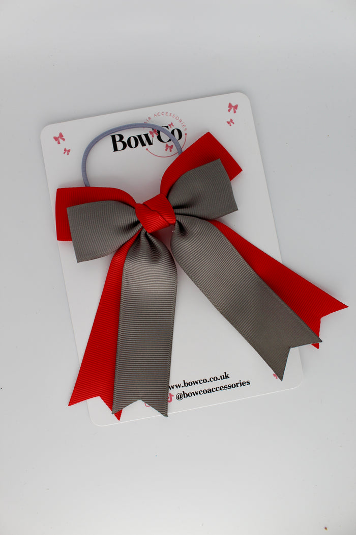 School Bow Red and Metal Grey - Double Ribbon Tail - Elastic
