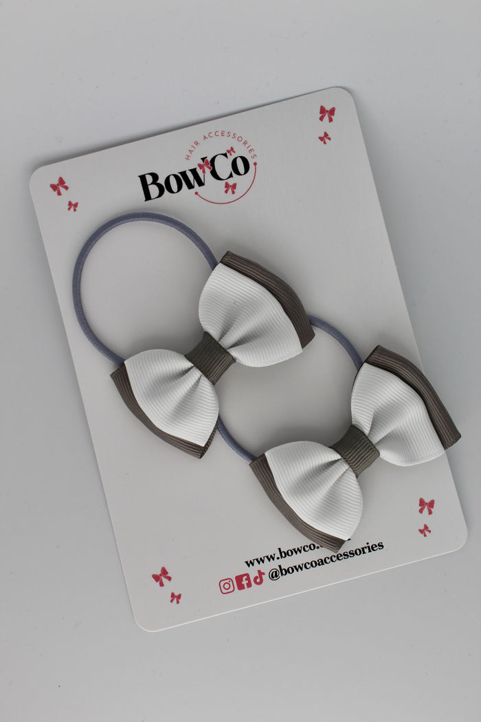 School Bows Metal Grey and White - Double Ribbon Bow Set - Elastic