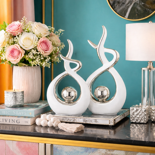 Sculpture Centre Piece Abstract in Silver and White Ceramic Modern Decor for Tabletop, Set of Two