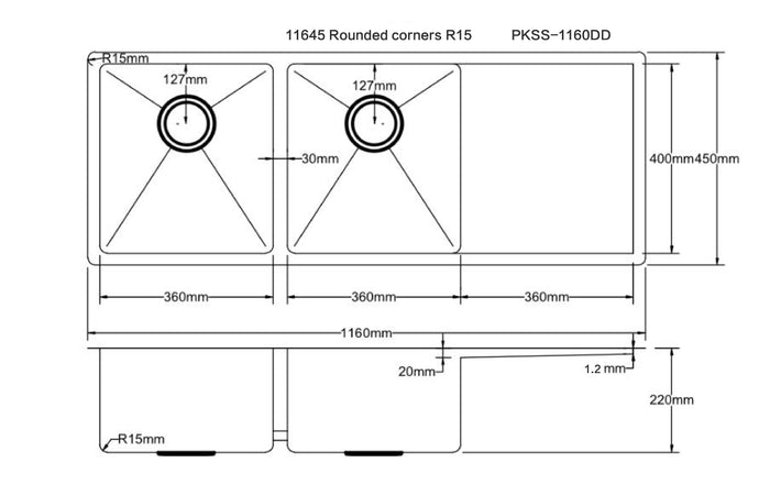 Seamless Metal Kitchen Basin Double Bowls 1160*450*220mm