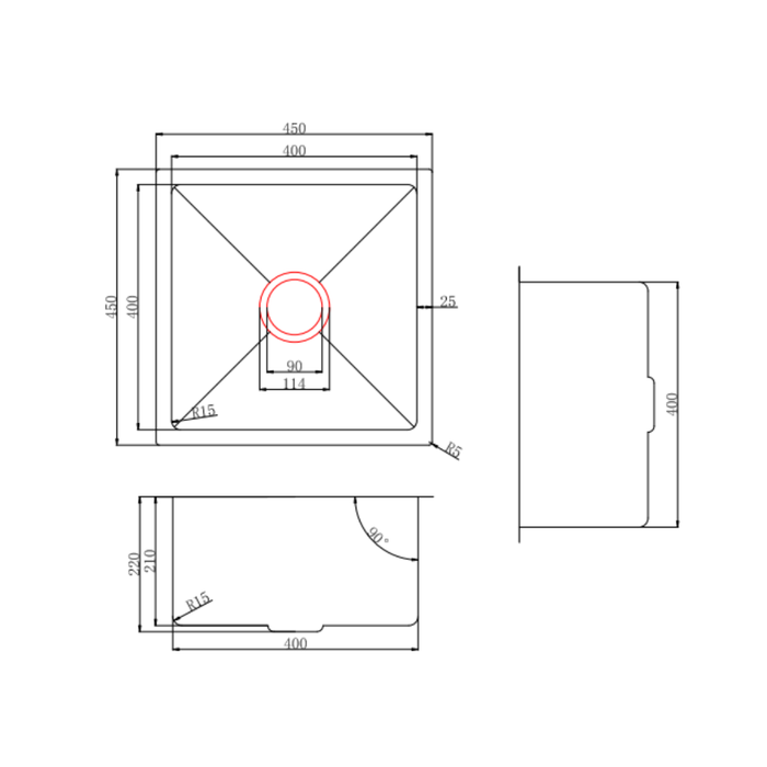 Seamless Metal Kitchen Sink Waste PSW02 450*450*220mm