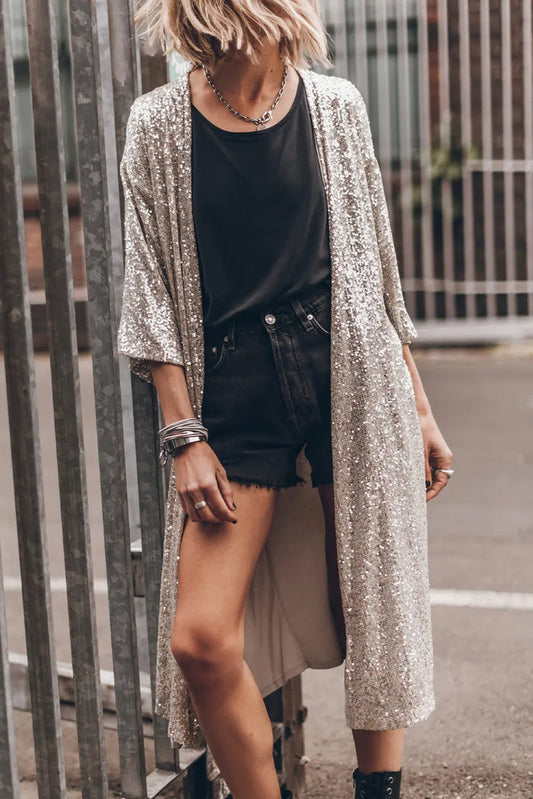 Sequin 3/4 Sleeve Open Front Duster Cardigan