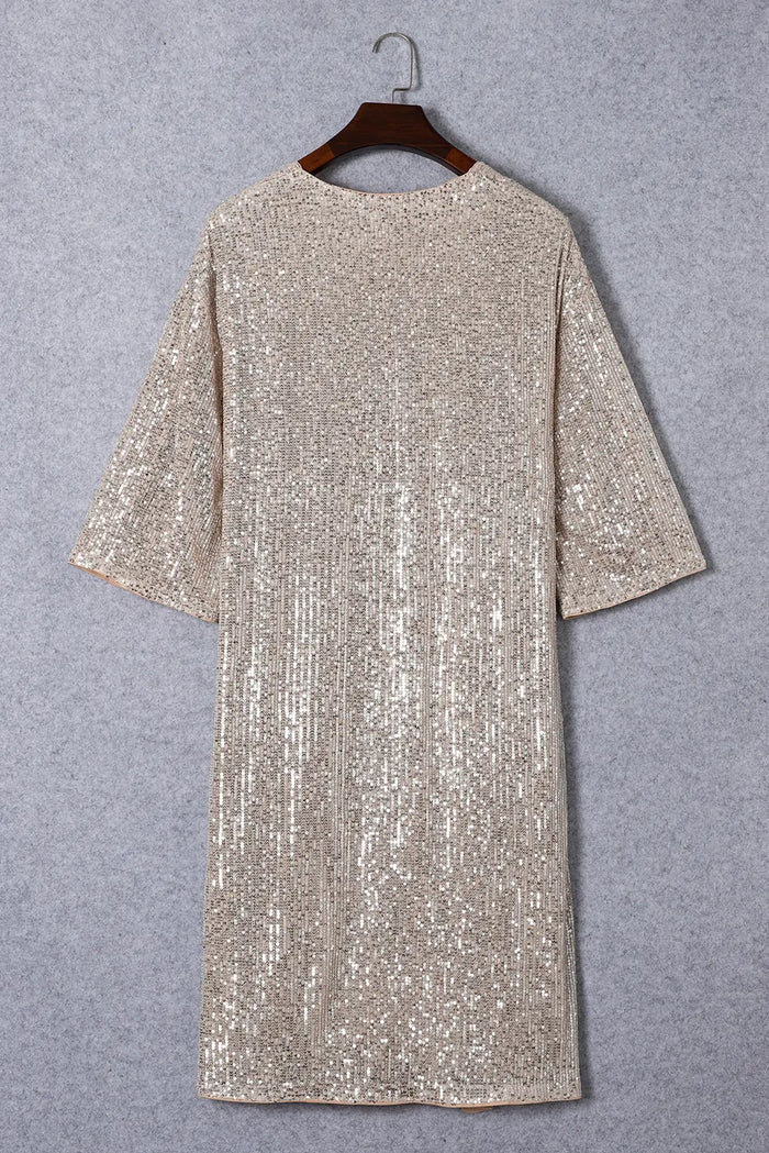 Sequin 3/4 Sleeve Open Front Duster Cardigan