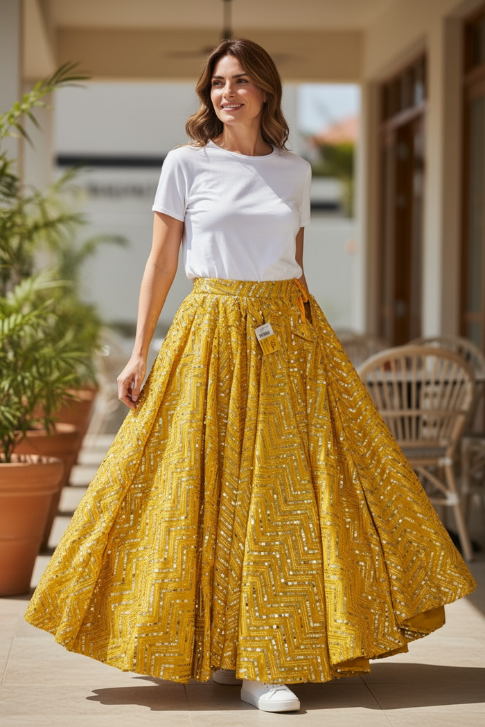 Sequin lehenga : yellow by Kurti Connection USA