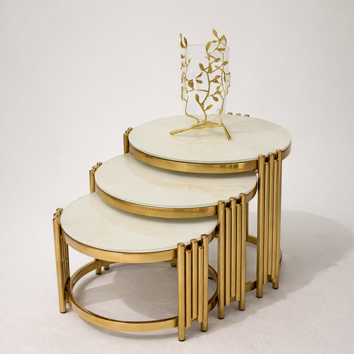 Set of 3 Marble-Look Nesting Tables with Glass Tops | Luxury Gold Stainless-Steel Design