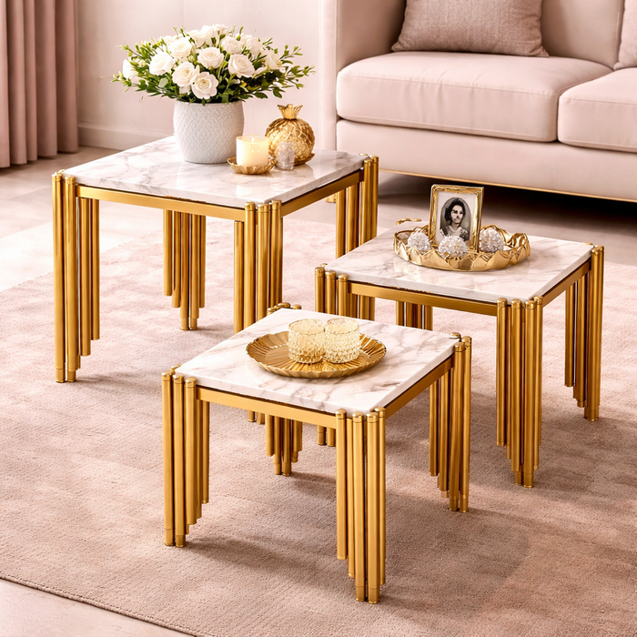 Set of 3 Marble Side Tables | Luxury Gold Stainless-Steel Design with White Marble Top End Tables